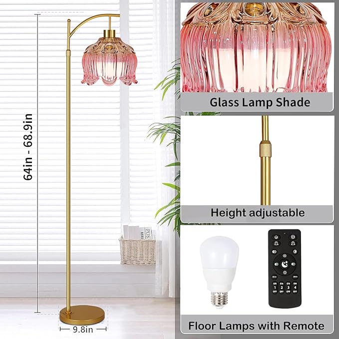 QIYIZM Pink Floor Lamp for Living Room, Glass Gold Dimmable Standing Lamp - Image 5