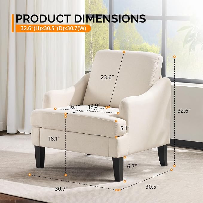 VINGLI Linen Fabric Accent Chair Beige, Modern Upholstered Armchair, Comfy Sofa - Image 2