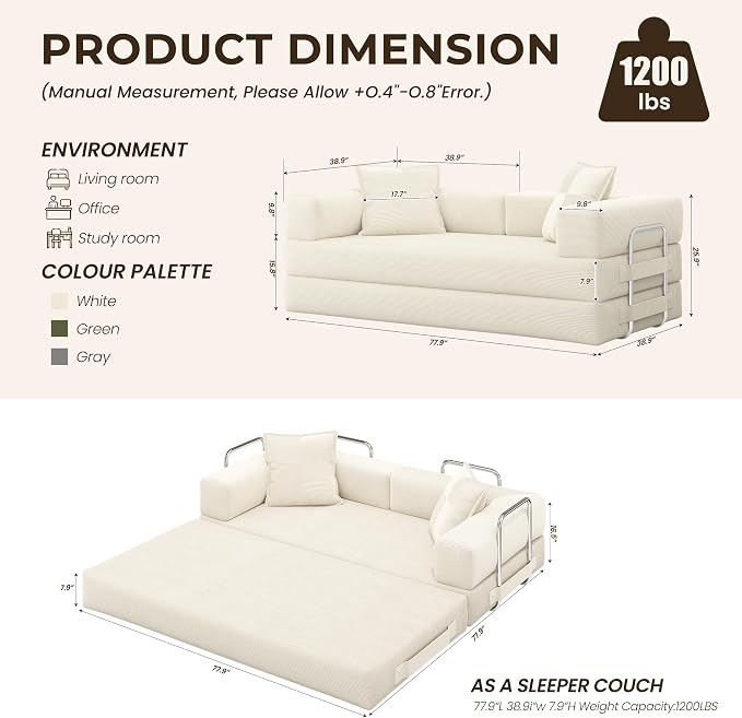 GRUSIGN 78 Inch Convertible Sofa Bed, 5-in-1 Futon Sofa Bed Pull Out Couch - Image 3