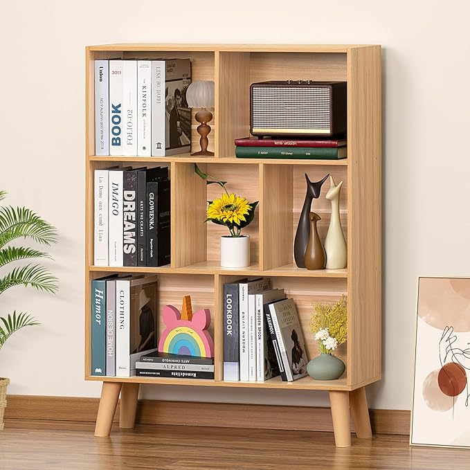 LEYAOYAO Wooden 7 Cube Book Shelf, Natural 3 Tier Bookshelf by LEYAOYAO-Findtheshiningpointofyourideallife%EF%BC%81