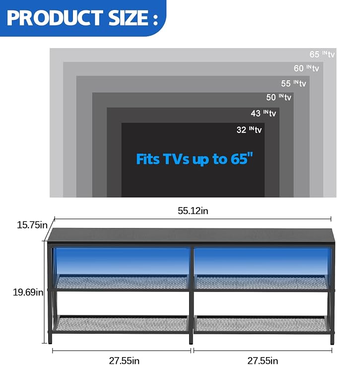 55 inch TV Stand with 3-Tier Open Shelf, Entertainment Center with Power - Image 2