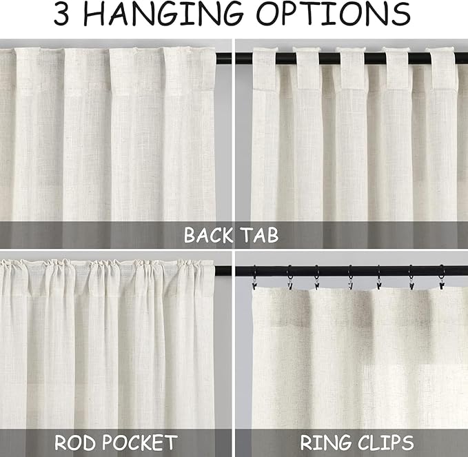 Nanspring 60 Inch Length Linen Curtains Cream Semi Sheer Light Filtering Back - Image 2