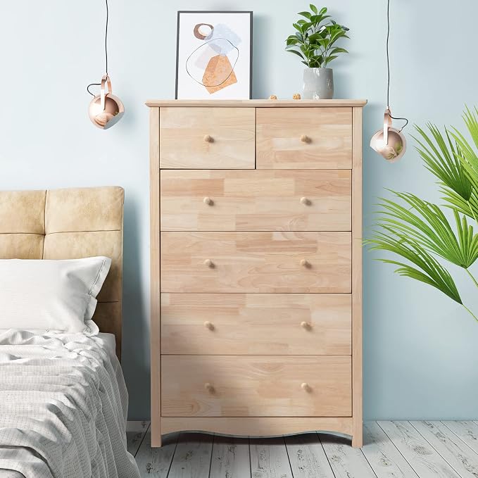 VINGLI Unfinished 6 Drawer Dresser, Natural Solid Wood Dresser Color DIY - Image 7