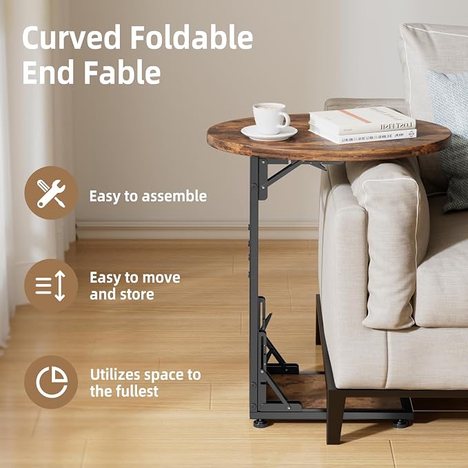 Elbourn Folding Side Table End Couch Tables, Metal Frame C-Shaped TV Stand - Image 5