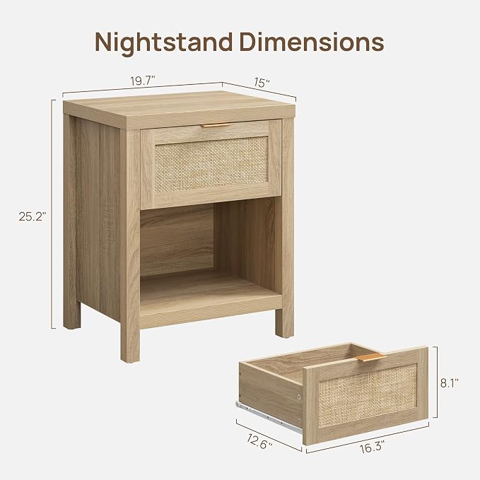SICOTAS Rattan Nightstands Set of 2, Farmhouse Night Stand Bedside Table - Image 3
