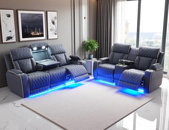 Power Reclining Sofa Set, Living Room Furniture Sets, Leather Recliner Loveseat by LYfurniture