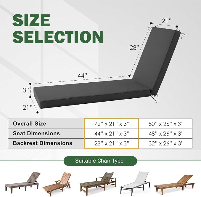 2 Pcs Chaise Lounge Cushions Outdoor Set of 2, Outdoor Chaise Cushion - Image 2