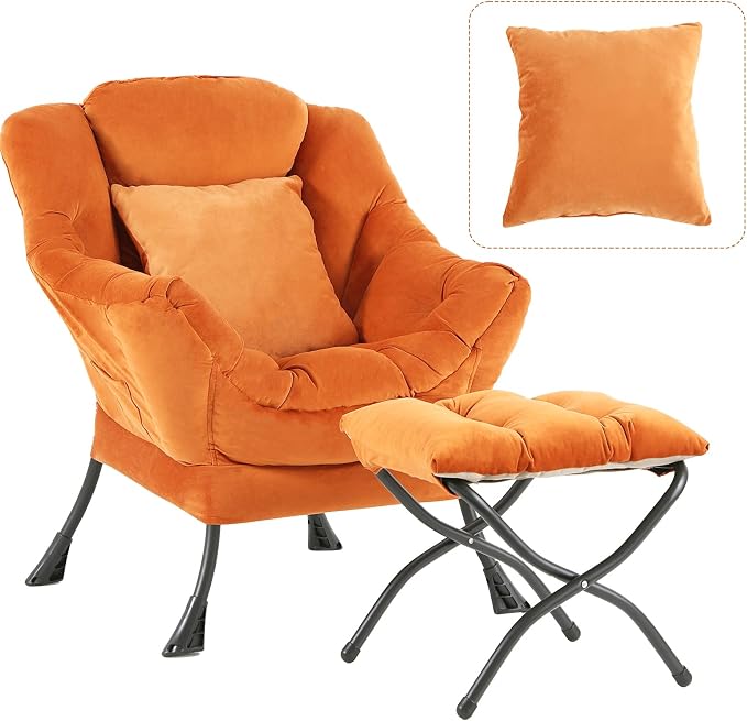 Tangerine Lazy Chair with Ottoman, Large Velvet Accent Chair with a Throw Pillow by HomeEastllyHome