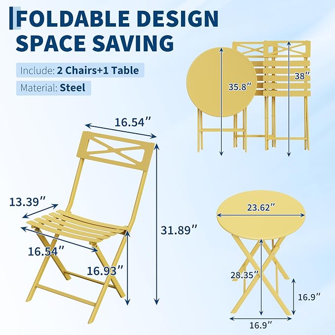 GarveeTech 3-Piece Folding Bistro Set, Heavy Duty Outdoor Patio Furniture - Image 3