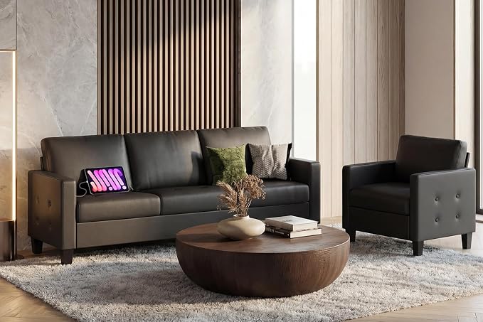 STHOUYN Black Faux Leather 3 Seater Sofa and Accent Chair, Modern Comfy Office by STHOUYN