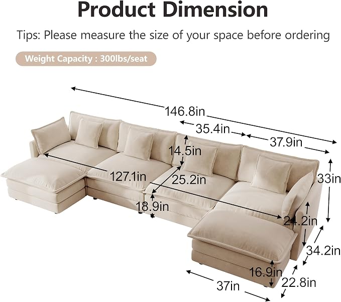 mikibama Modular Sectional Sofa, 146.5 Inch U Shaped Couch Set - Image 2