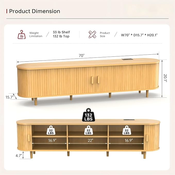 70" Mid Century Modern TV Stand, Wood TV Consoles - Image 3