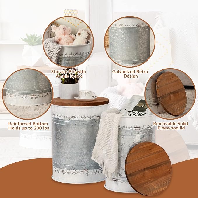 Poofzy Farmhouse End Tables Set of 2, Galvanized Metal Decor Side Table - Image 4