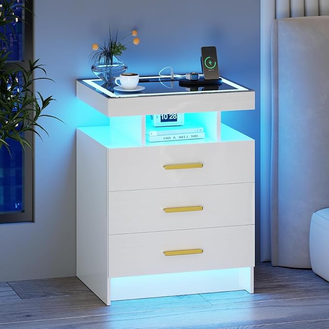 White Night Stand with Wireless Charging Station, Smart Bedside Table with 3 by MDGC