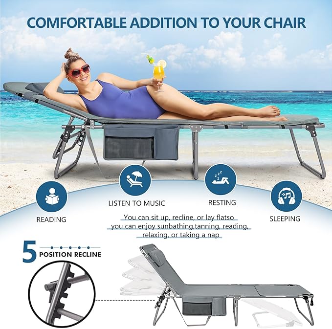 Tanning Chair with Face Hole, Adjustable Folding Chaise Lounge Chairs - Image 4