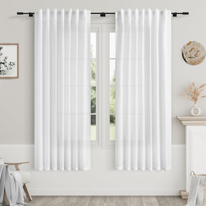 Nanspring White Linen Curtains 65 Inch Length by Nanspring