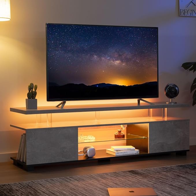Cubehom Grey TV Stands for Living Room, Glass TV Stand, LED TV Stand for 75+ - Image 6
