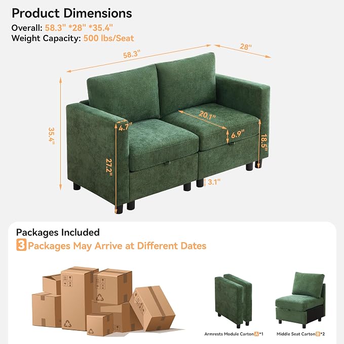 WUTUTUEE 58”Modular Sectional Loveseat Sofa, Modern Love Seat 2 Seater Sofa - Image 2