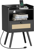 SUPERJARE Nightstand with Charging Station & Rattan-Like Decor Drawer, Rattan by SUPERJARE