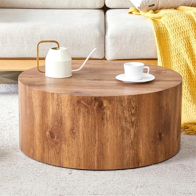Round Coffee Table, 23.6" Modern Wood Drum Coffee Table, Round Accent Center - Image 7