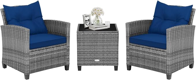 HAPPYGRILL 3 Pieces Patio Conversation Set, Outdoor Furniture Set PE Rattan by HAPPYGRILL