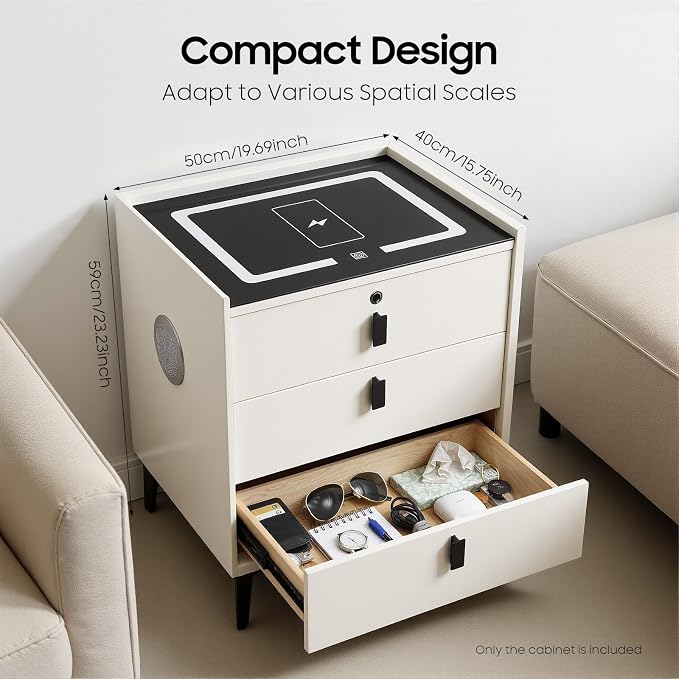 Smart Nightstand with Wireless Charging & Fingerprint Lock, 3-Drawer Bluetooth - Image 2