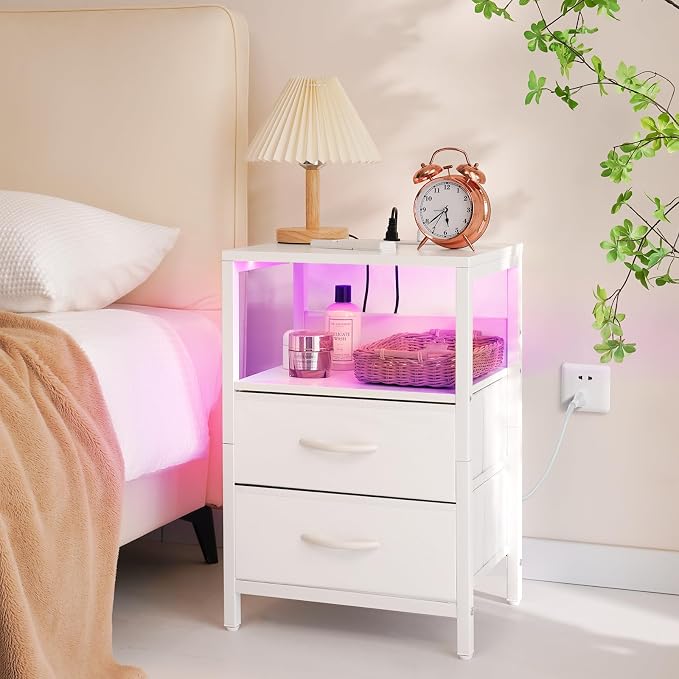 Yoobure Nightstand with Charging Station, LED Night Stand with Fabric Drawers - Image 9