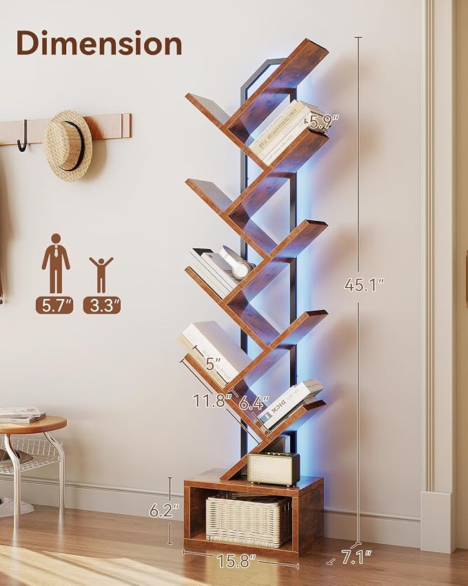 Casaottima Tree Bookshelf with LED Lights, 8-Tier Narrow Bookcase - Image 3