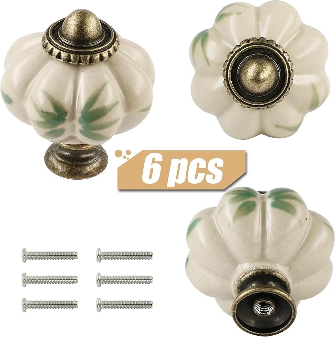 Ivory Pumpkin Knobs 6 Pack Ceramic Cabinet Knobs Vintage Drawer Pulls - Image 2