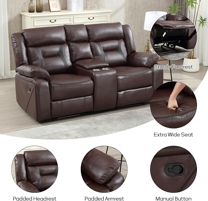 EBELLO Manual Faux Leather Loveseat Recliner, 2 Seat Reclining Sofa Chair - Image 3
