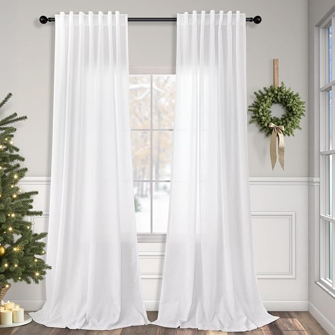 Pitalk White Living Room Curtains 105 Inch Length 2 Panels Set Back Tab Linen by Pitalk