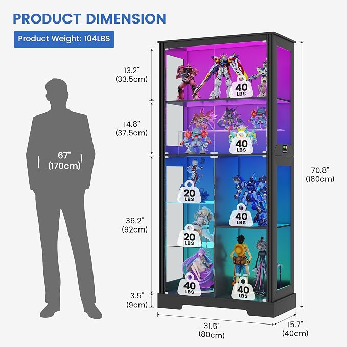 Gurexl Display Cabinet with Motion Sensor LED Lights, Glass Curio Cabinet with - Image 2