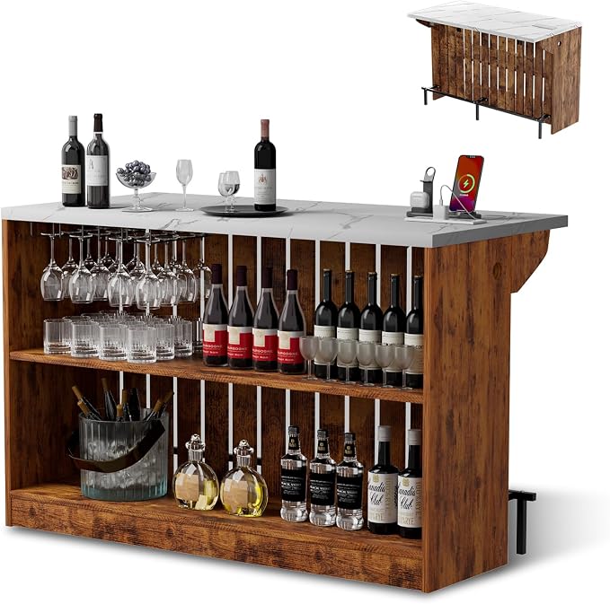 Home Bar Unit with LED Lights and Charging Station, Imitation Marble Mini by VAXZOFI