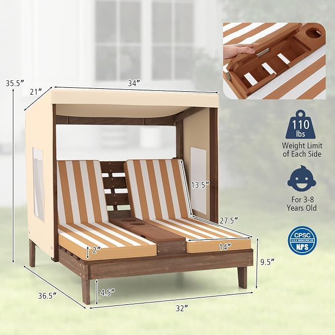 HONEY JOY Kids Chaise Lounge Chair Outdoor, Toddler Wood Double Pool Lounger - Image 3