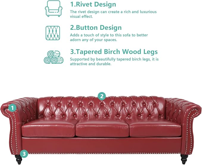 Chesterfield 3 Seater Sofa, Modern Leather Tufted Couch 3 Seater - Image 4