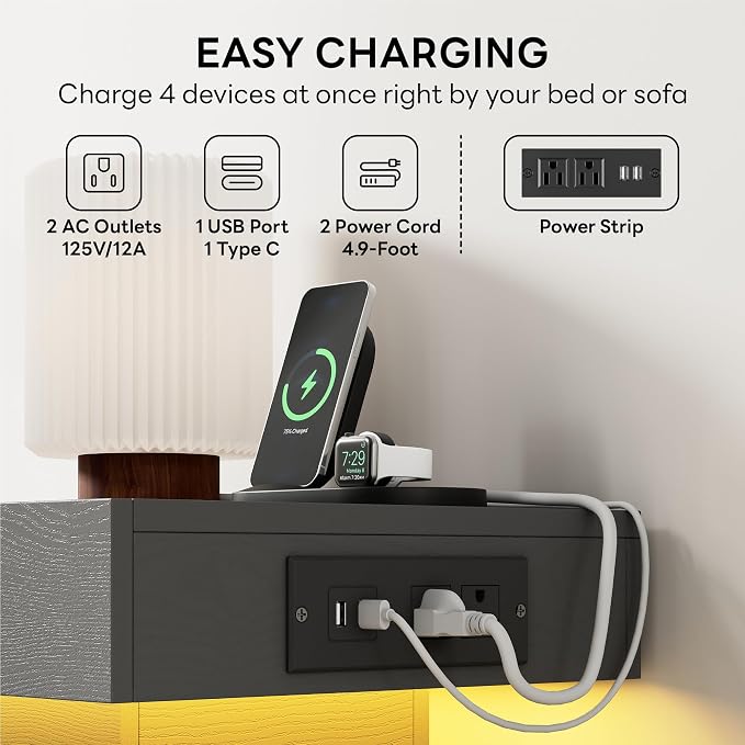 LIKIMIO Night Stand with Charging Station, Modern Grey Nightstand with LED - Image 5