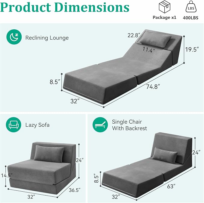 Fold Out Chair Bed, Folding Sofa Bed, 3 in 1 Convertible Sleeper Chair Bed - Image 2
