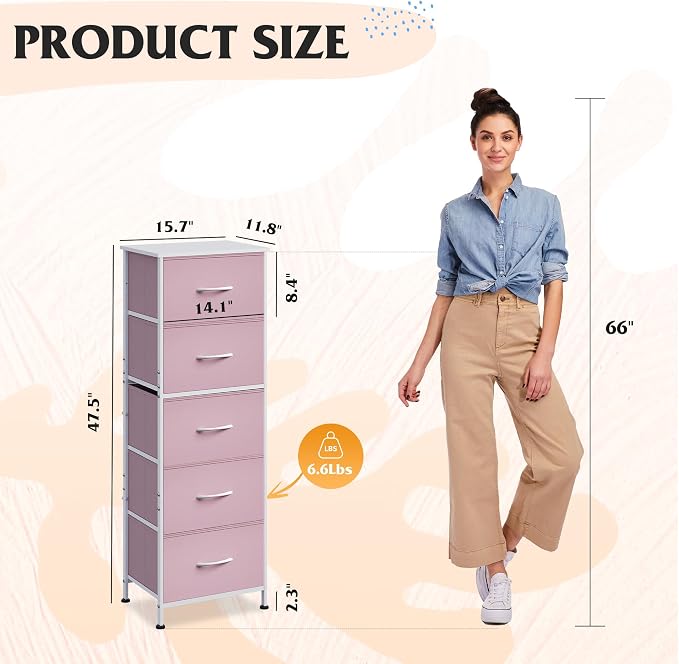 WLIVE Fabric Dresser for Bedroom, 5-Drawer Tall Dressers, Storage Organizer - Image 3