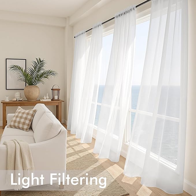 MIULEE White Sheer Curtains 90 Inches Long, 4 Panels Set, Light Filtering Rod - Image 4