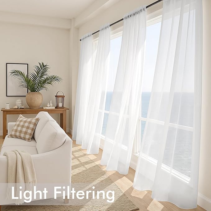 MIULEE White Sheer Curtains 90 Inches Long, 4 Panels Set, Light Filtering Rod - Image 4