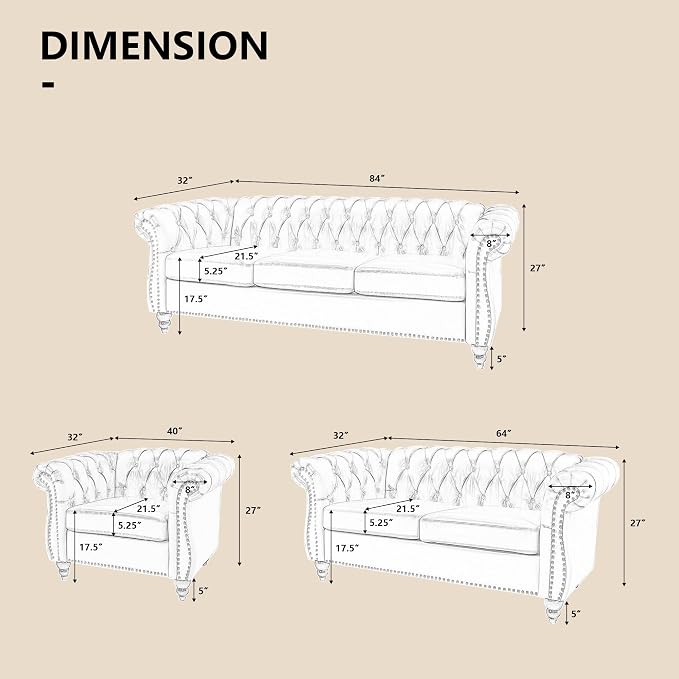 QHITTY 3 Piece Living Room Set, Sectional Chesterfield Sofa Chair Contemporary - Image 2