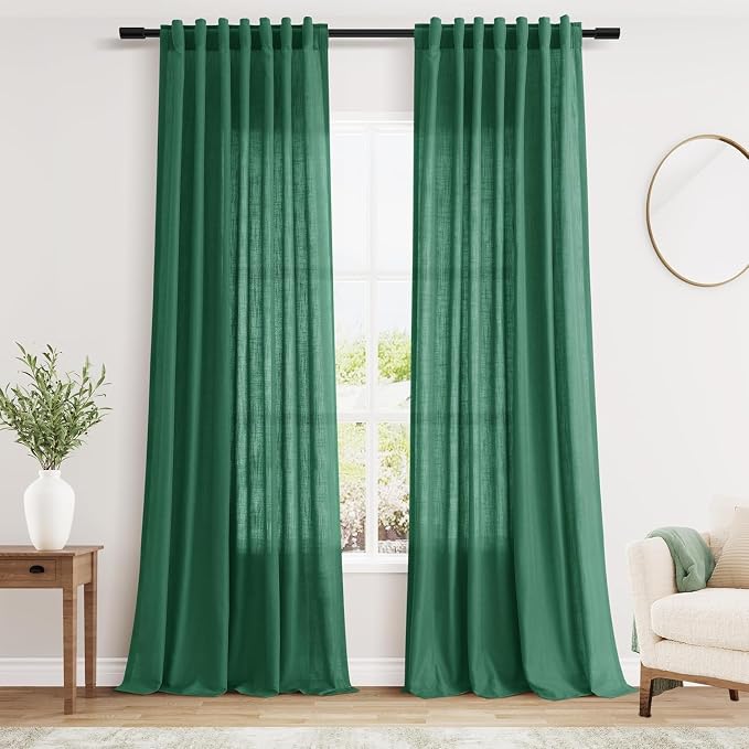 Nanspring Dark Green Linen Curtains 96 Inches Long 2 Panels Set by Nanspring