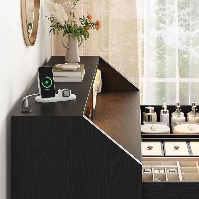 Rattan 6 Drawer Dresser with LED Lights & Power Outlet, Wide Rattan Dresser TV - Image 4