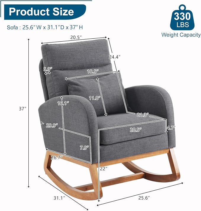 VINGLI Grey Linen Nursery Rocking Chair - Image 2