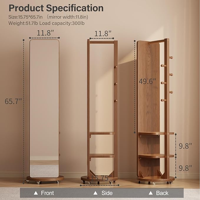 WoodsWhisper Full Length Mirror Coat Rack Solid Wood Floor Mirror 66"x12" Full - Image 9