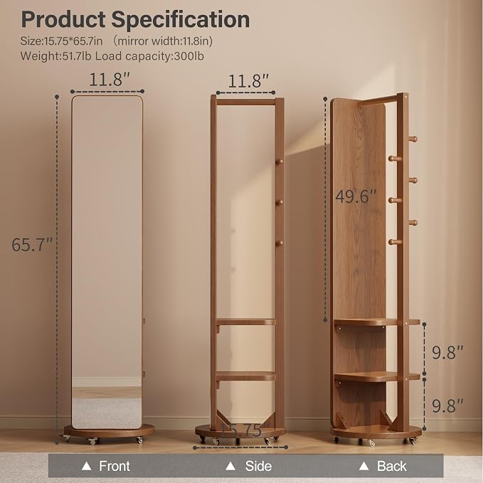 WoodsWhisper Full Length Mirror Coat Rack Solid Wood Floor Mirror 66"x12" Full - Image 2