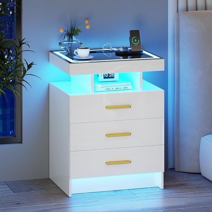 White Night Stand Set 2 with Wireless Charging Station, Smart Bedside Table - Image 3