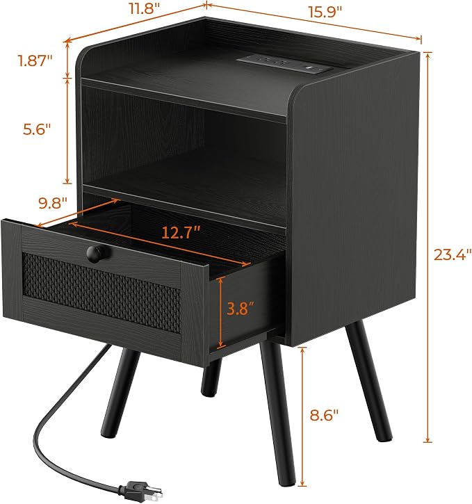 SUPERJARE Nightstand with Charging Station, Bedside Table with Texilene Surface - Image 3