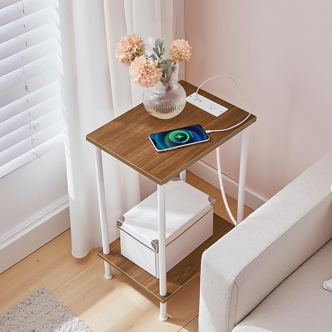 HOOBRO Side Table with Charging Station, Nightstand with 2-Layer Storage Shelves - Image 6