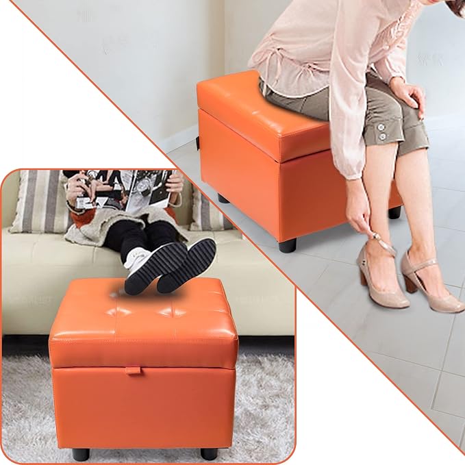H&B Luxuries Tufted Leather Square Flip Top Storage Ottoman Cube Foot Rest - Image 8